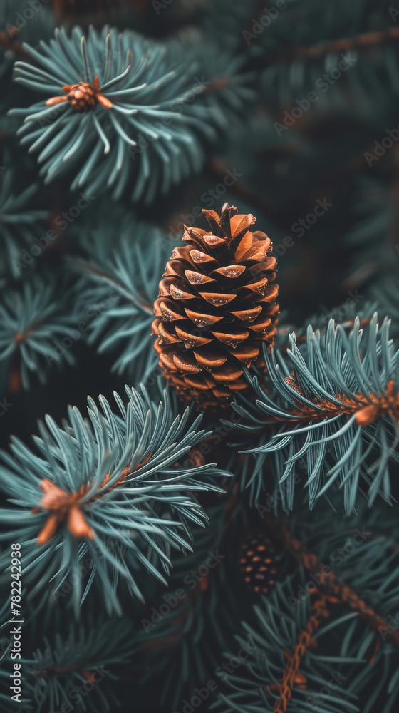 Close-up of a pine cone among spruce branches