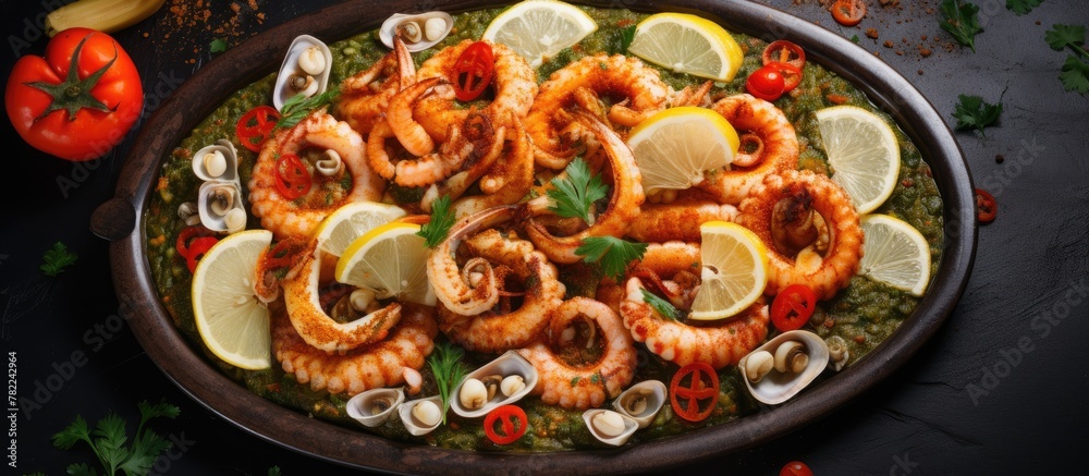 Seafood platter with lemon and tomato Seafood platter with lemon and tomato