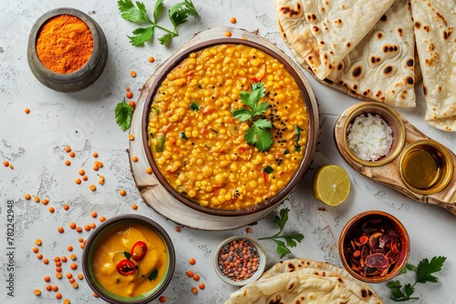 Vegetarian Indian dinner with lentil dhal and paratha flatbread top view photo