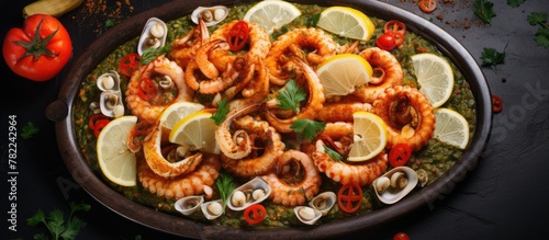 Seafood platter with lemon and tomato