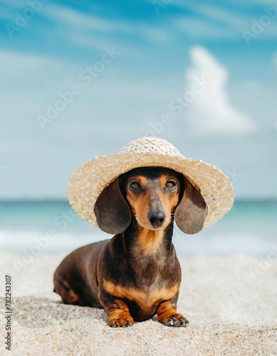 dachshund in a straw hat resting on the beach