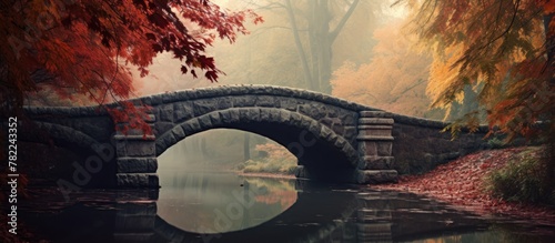 Misty park bridge in autumn