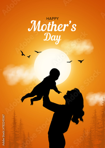 Happy mother's day greeting. Loving Mother rising his son up and makes him smile. Family holiday. vector illustration design. © Rohan Divetiya 
