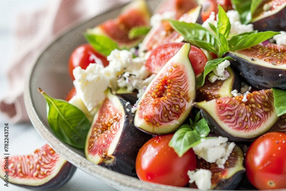 Vertical close up shot of fig tomato and goat cheese salad on white marble Vertical close up shot of fig tomato and goat cheese salad on white marble