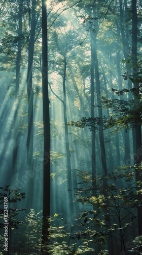 Sunbeams filtering through a misty forest at dawn