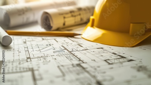 Blueprint floor plan architectural project on the table with yellow helmet and pencil