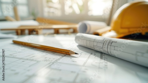 Blueprint floor plan architectural project on the table with yellow helmet and pencil photo