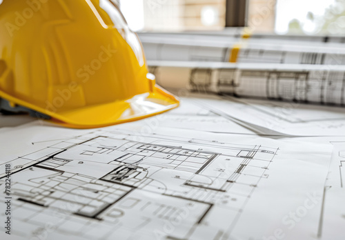 Blueprint floor plan architectural project on the table with yellow helmet and pencil