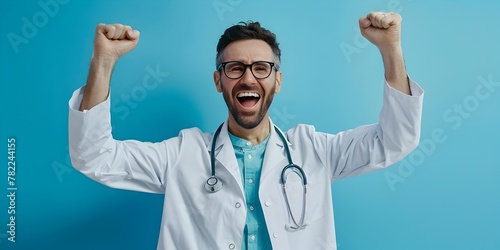 Excited Medical Professional Celebrates Success with Raised Arms photo