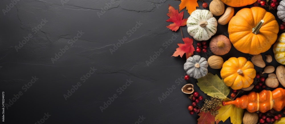 Fototapeta premium Autumn harvest decoration on dark backdrop
