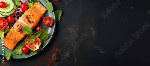 Plate of salmon with veggies and tomatoes on black table