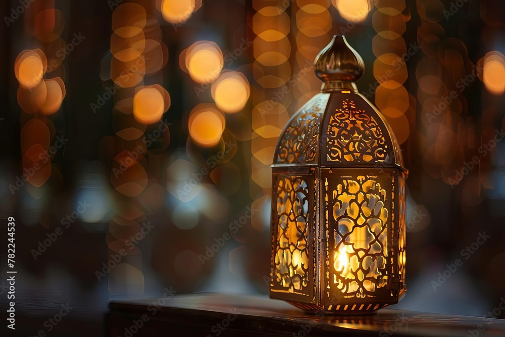 intricate golden arabic lantern with glowing candle light ornamental ramadan decoration