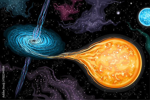 Vector illustration of Black Hole, astronomical horizontal poster with turning black hole captured supermassive orange star in deep space, decorative futuristic print on black starry space background