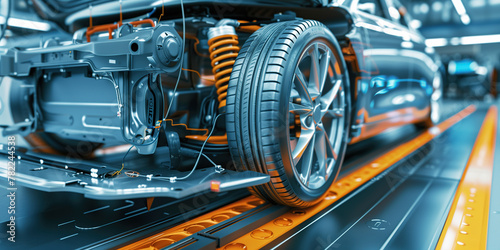 A car being assembled on a conveyor belt in a manufacturing plant, showcasing the process of creating an electric vehicle.