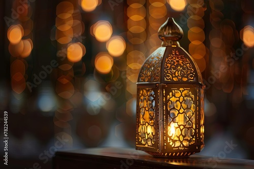 intricate golden arabic lantern with glowing candle light ornamental ramadan decoration © furyon
