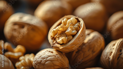 Close-up of cracked walnut among whole walnuts