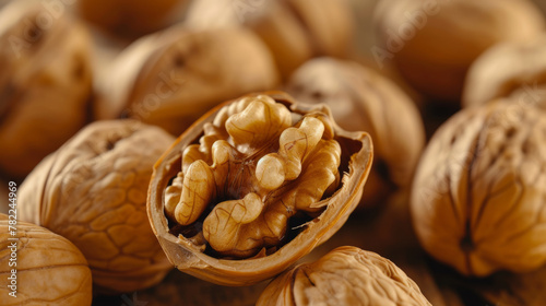 Close-up of walnuts, one open showing the kernel