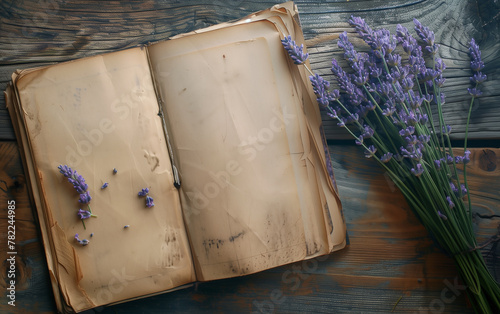 Lavenders laying next to an open vintage notebook with copy space