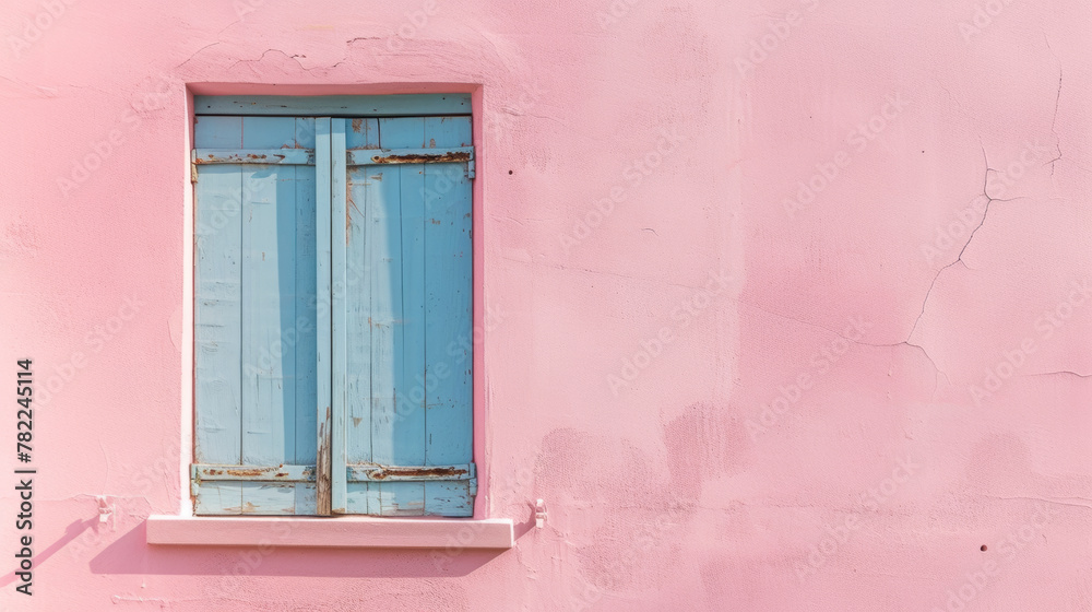 Weathered blue window shutters on a pink wall