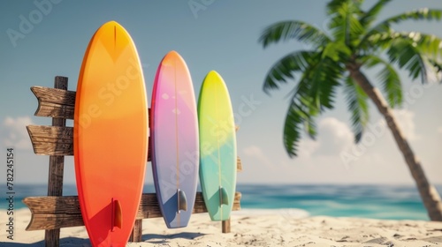 Colorful Surfboard Resting on Sandy Shore - Coastal Fun  © isti