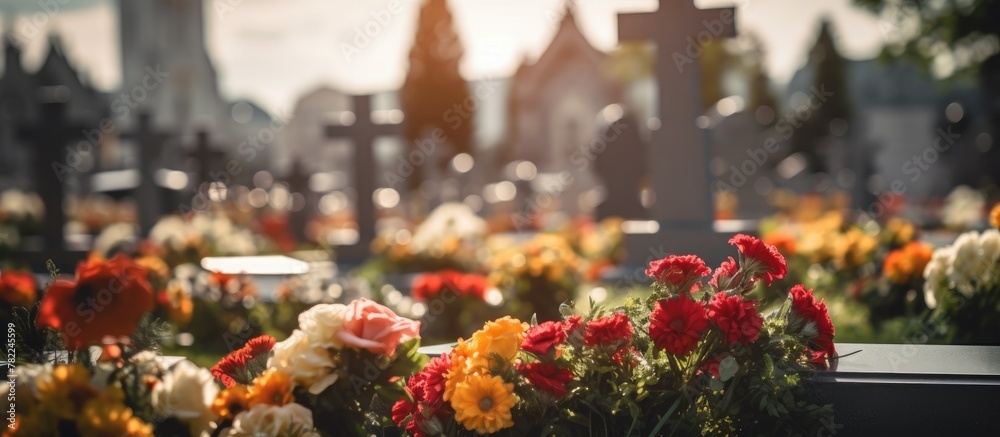 Church and flowers in cemetery - obrazy, fototapety, plakaty 