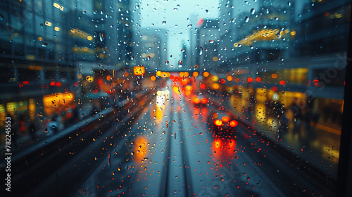 Rainy city street view through a wet window photo
