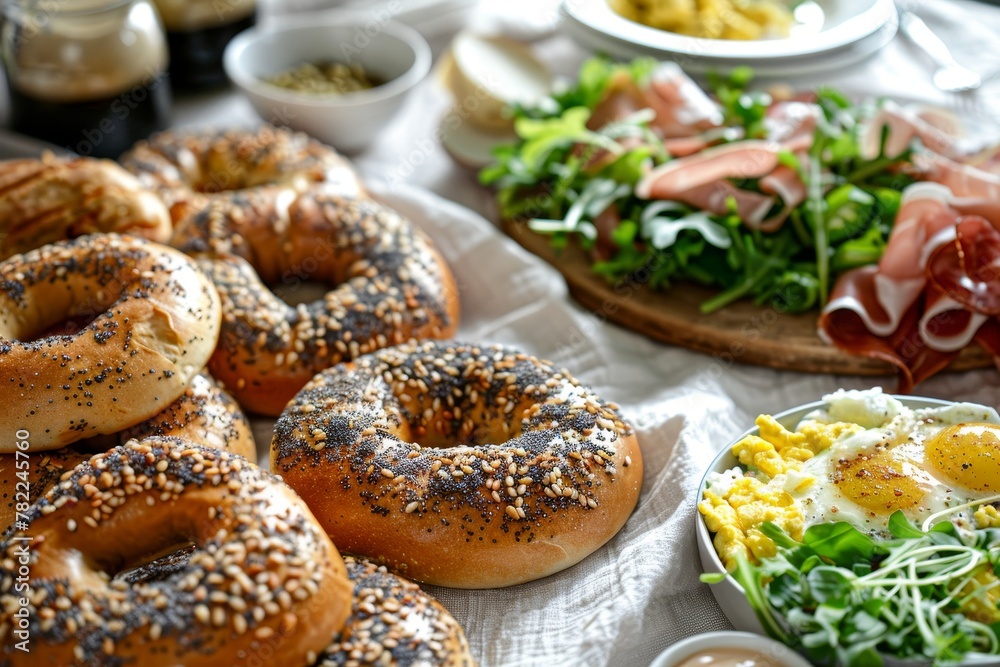 Whole grain bagels topped with fried onions scrambled eggs green salad and prosciutto on white tablecloth Whole grain bagels topped with fried onions scrambled eggs green salad and prosciutto on white tablecloth