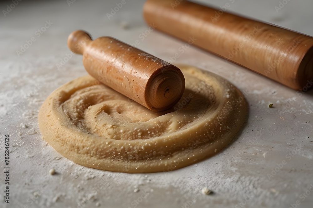 dough with rolling pin on white background
