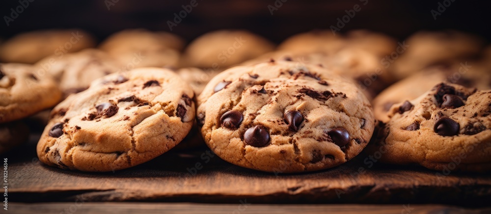 Delicious chocolate chip cookies on wooden surface Delicious chocolate chip cookies on wooden surface