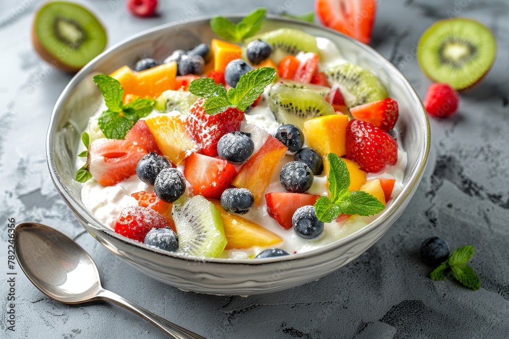 Yummy fruit salad with yogurt on a gray table