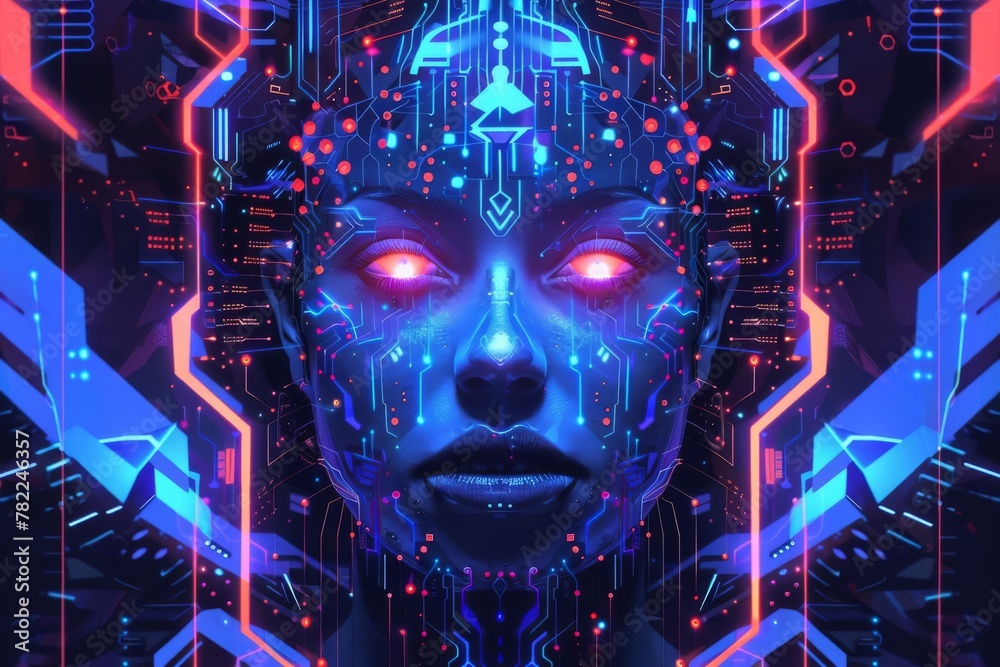 futuristic cyber warrior portrait intricate geometric patterns and glowing circuitry digital mixed media concept art