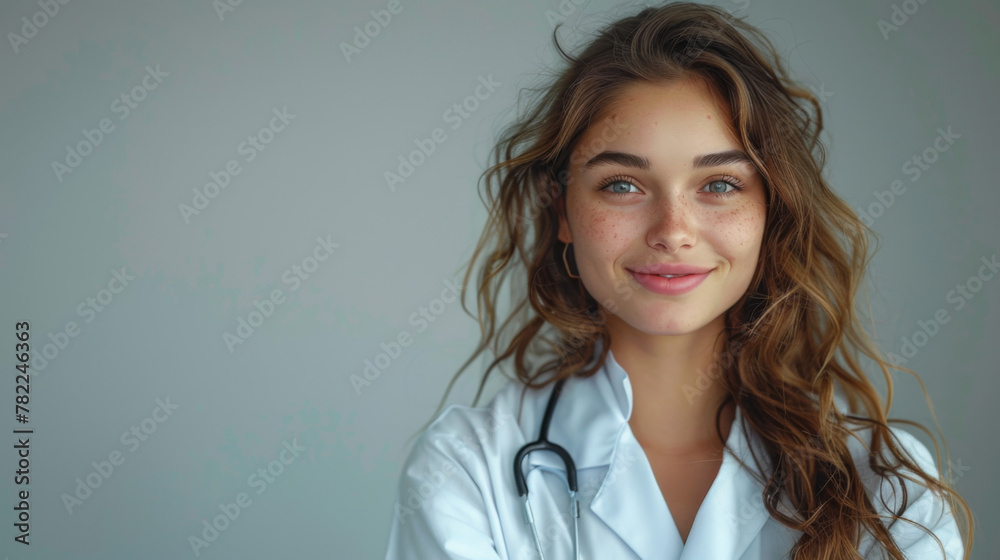 Portrait of happy young smiling girl doctor. Dressed in a white robe. Evenly standing with crossed hands on a gray background Portrait of happy young smiling girl doctor. Dressed in a white robe. Evenly standing with crossed hands on a gray background
