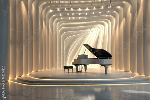 futuristic concert hall interior with grand piano 3d rendering photo