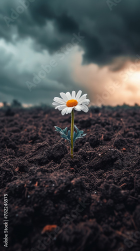 Single daisy growing in dark soil against a cloudy sky © cac_tus