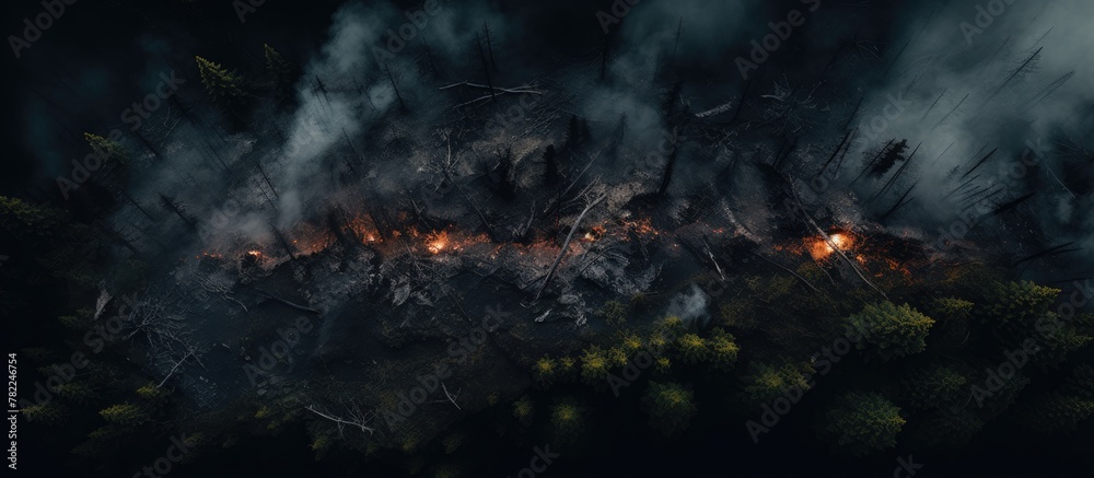 Forest fire blazing amidst trees with smoke