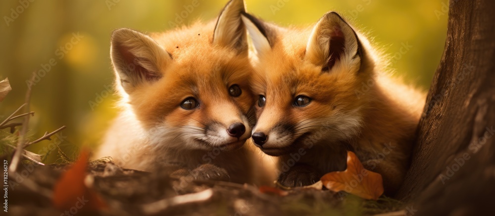 Fototapeta premium Two foxes in woodland setting