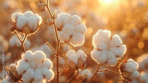 Cotton plants illuminated by golden sunlight
