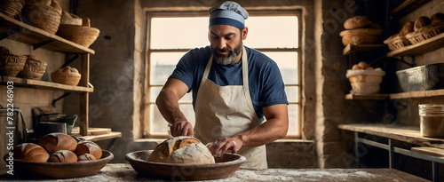 Artisan Baker Kneading Dough for Artisanal Bread in Rustic Bakery - Candid Daily Work Routine