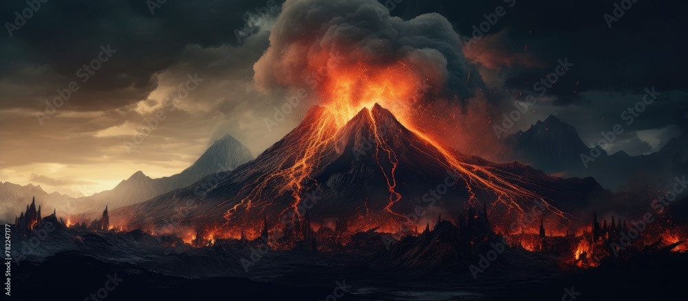 Volcano with molten lava flowing
