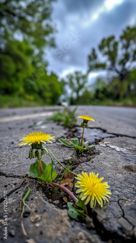Dandelions growing through a crack in the asphalt road © cac_tus