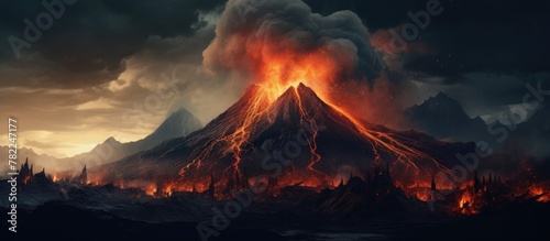 Volcano with molten lava flowing photo