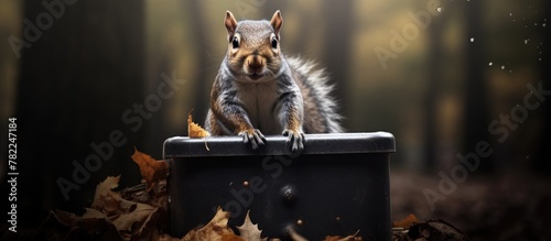 Squirrel perched suitcase forest photo