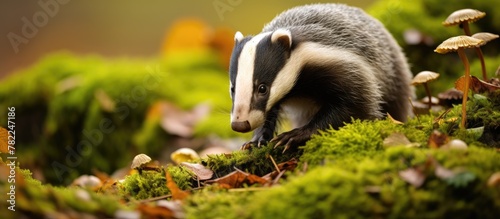 Adult badger foraging in autumn leaves with mushrooms photo