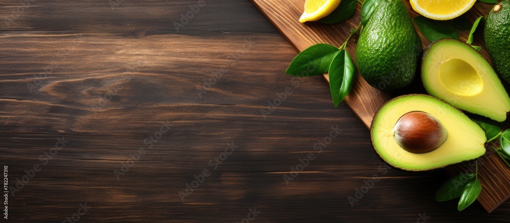 Sliced avocado and lemon on wooden board