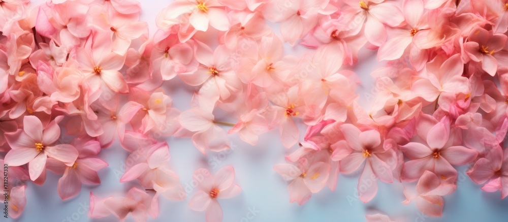 Pink flowers float on blue backdrop Pink flowers float on blue backdrop