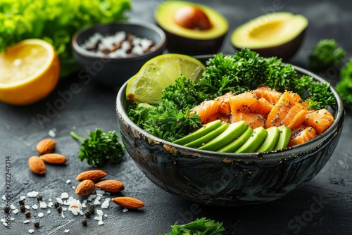 A nourishing bowl of kale salad topped with grilled salmon slices and avocado, sprinkled with sesame seeds and a squeeze of lemon. photo