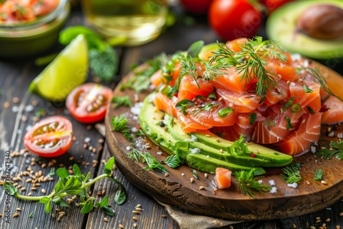 Freshly prepared avocado and salmon salad served on a wooden plate, drizzled with lemon and sprinkled with herbs. photo