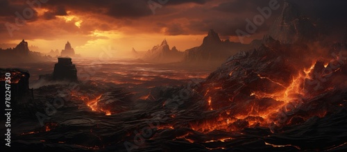 A volcano erupting molten lava flows