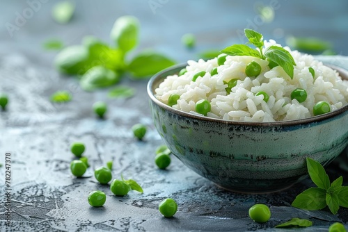 Creamy green pea risotto adorned with fresh herbs, a light and flavorful Italian dish served in a ceramic bowl. photo