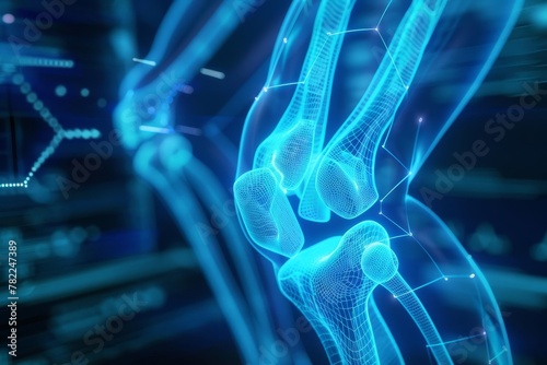 futuristic medical hologram glowing xray of knee joint anatomical structure in neon blue 3d illustration
